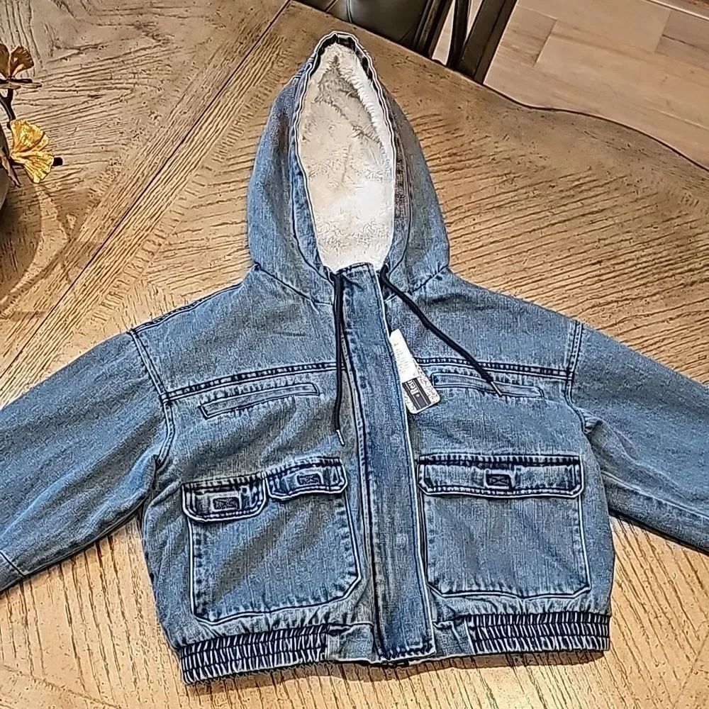 Denim hooded crop sherpa jacket size M NWT
